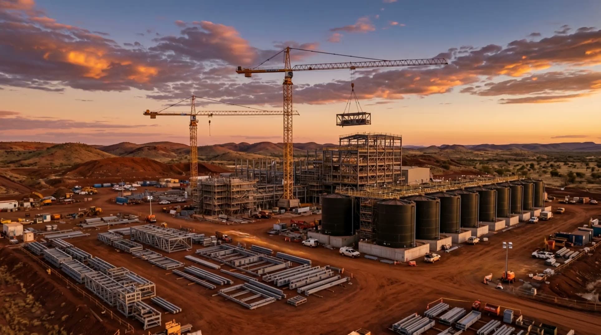 Gold processing plant under construction at golden hour